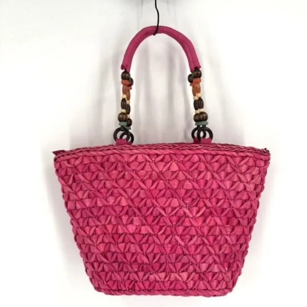NWT Barney’s NY Pink Straw‎ Beaded Handle Tote Bag